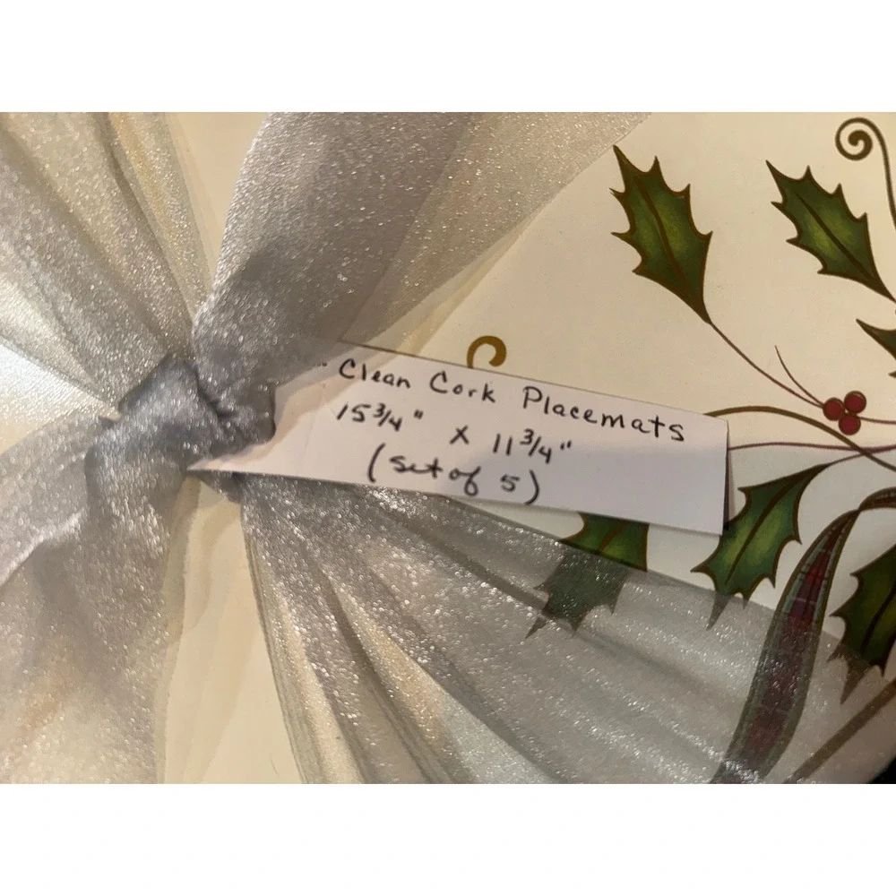 Lenox Holiday Holly Plaid Ribbon Cork Backed Placemats Set of 5 Christmas Cream